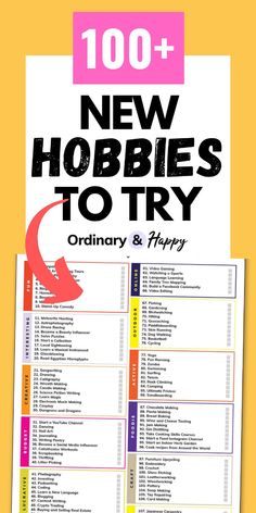 the new hobbies to try guide is shown in pink and yellow with black lettering