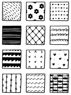 hand drawn doodle patterns in black and white, each with different designs on them