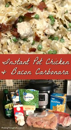 an instant pot chicken and bacon casserole recipe is shown in this collage