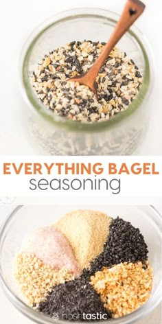 three different types of seasoning in bowls with text overlay that reads everything bagel seasoning