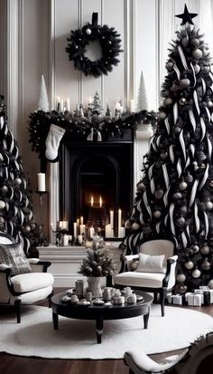 a living room decorated for christmas with black and white decor