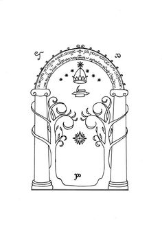 a drawing of an arch with trees in the middle and a crown above it on top