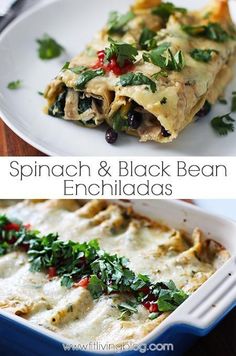 spinach and black bean enchiladas in a casserole dish on a plate