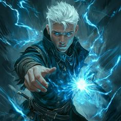 a man with white hair and blue eyes pointing at something in his hand while lightning strikes behind him