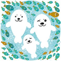 two white dogs and some fish on a blue background