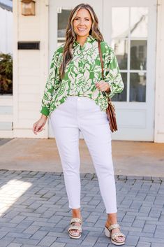 Elevate your style with this amazing top in a pretty green color! The vibrant floral pattern adds a touch of femininity, perfect for a day out on the town! Pair it with white denim and heels for a chic and classy look! 100% Polyester Chic Green Tops For Day Out, Spring Green Blouse, Spring Green Tops With Floral Print, Green Blouse For Spring Day Out, Green Cotton Blouse For Spring, Green Spring Tops For Work, Spring Green Tops For Work, Green Floral Print Blouse For Spring, Spring Green Tops For Workwear