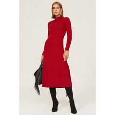 Red knit (55% Polyester, 20% Acrylic, 20% Nylon, 5% Wool). Sweater shift. Long sleeves. Quarter zip. Front zipper closure. 45" from shoulder to hemline. Imported. Red Winter Dress, Red Winter Dresses, Jason Wu Dress, Weekend Lunch, Red Midi, Mock Neck Dress, Zip Dress, Jason Wu, Knit Sweater Dress