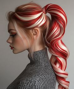 Candy Cane Ponytail Hair Ideas For Christmas, Christmas Hairdos, Christmas Hair Dye, Candy Cane Outfit, Peppermint Hair, Werewolf Oc