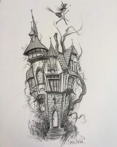 a drawing of a castle with a fairy flying over the door and on top of it