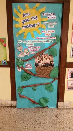 a bulletin board with an image of a bird nest and the words are you my mother?