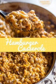 hamburger casserole in a skillet with a ladle full of macaroni and cheese