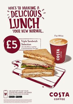 an advertisement for costa coffee featuring a sandwich