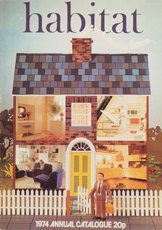 an advertisement for habitat featuring a man standing in front of a house