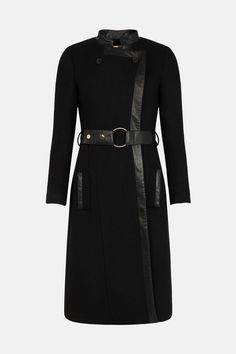 Italian Wool Belted Tab Detail Coat | Karen Millen Designer Black Long Wool Coat, Designer Black Long Sleeve Wool Coat, Designer Wool Coat For Fall Workwear, Designer Long Sleeve Wool Coat For Office, Designer Wool Long Coat, Designer Long Wool Coat, Designer Wool Coat For Work, Luxury Long Sleeve Wool Coat, Designer Tailored Wool Coat For Fall