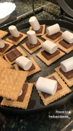 marshmallows and chocolate on top of crackers in the shape of squares