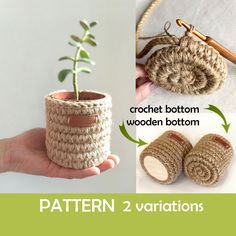 a crochet potted plant with wooden bottom and two variations to make it