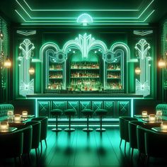 a dimly lit bar with green lighting