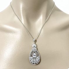 "A glamorous celebrity boho wedding vintage style bridal necklace with ornate details made of sparkly clear cubic zirconia in tarnish-resistant white gold silver rhodium finish. Pendant is just over 2\" (5cm). Chain length can be added with a 2\" extender chain. See matching pieces & design variations at https://etsy.me/2fL2sud View all jewelry sets at https://etsy.me/1dRzLEZ" Boho Wedding Jewelry, Wedding Fans, Wedding Vintage, Cz Pendant, Wedding Jewelry Sets, Bridal Necklace, Wedding Necklace, Bridal Earrings, Chain Length