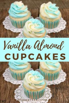 vanilla almond cupcakes with blue and white frosting on a doily that says vanilla almond cupcakes