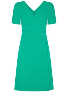 aqua green wool V-neck rear zip fastening short sleeves straight hem thigh-length Elegant Green V-neck Short Sleeve Dress, Green Fitted V-neck Dress With Short Sleeves, Tailored V-neck Spring Dress, Tailored V-neck Dress For Spring, Fitted Green V-neck Dress For Work, Chic Green Fitted V-neck Dress, Classic Tailored V-neck Dress, Green Short Sleeve V-neck Dress, Green Fitted Short Sleeve V-neck Dress