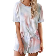 Womens Tie Dye Printed Ruffle Short Pajamas Set Long Sleeve Nightwear Sleepwear - robes Pijamas Women, Mode Hippie, Short Loungewear, Pajamas Comfy, Tie Dye Shorts, Sleepwear & Loungewear, Loungewear Sets, Womens Tie, Pajamas Set