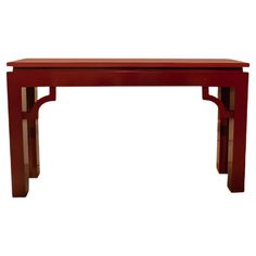 a red wooden table with two legs