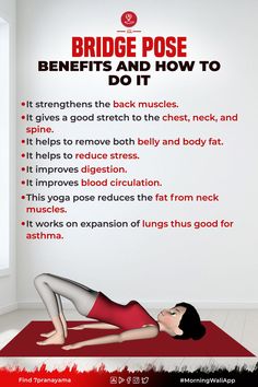 a woman is doing exercises on a mat in front of a wall with the words bridge pose benefits and how to do it