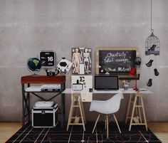 a computer desk sitting on top of a black rug in front of a chalkboard