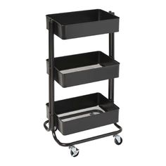 three tiered black plastic storage cart with wheels