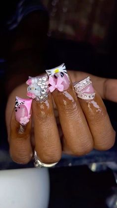 Junk Nail Designs, Acrylics Nails, Hello Kitty Nail, Kitty Nail, Henna Nails, Junk Nails, Nails Size, Retro Nails, Weak Nails