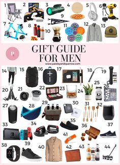 the ultimate gift guide for men is shown in pink and white, with lots of different items