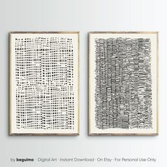 two black and white art prints hanging on a wall next to each other with the words, digital art instantized on it for personal use only