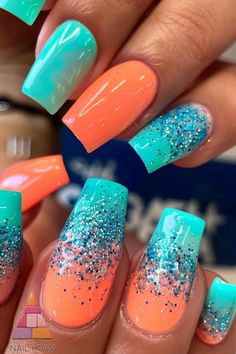 Fall Beach Nails, Nail Designs Neon, Nails Glow In The Dark, Summertime Nails, Bright Summer Nails Designs, Neat Nails, Neon Nail Designs, Aqua Nails