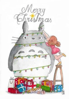 a drawing of a girl climbing up on a totoro christmas tree with presents all around her