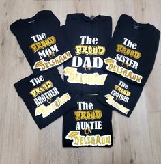 Proud family themed shirt. Custom with your graduates name Choose your school colors to match  Unisex: Gildan Brand 6 oz, 100% cotton preshrunk jersey knit Mom Of The Graduate Outfit, Graduation Mom Outfit Ideas, Graduation Tshirt Ideas For Family, Graduation Tshirt Ideas, Graduation Shirt Ideas For Family, London Graduation, Family Graduation Shirts, Graduation Shirts For Family, Grad Shirts