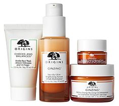 Tap into Origins' radiance-boosting regimen complete with cleanser, full-size serum, moisturizer, and eye cream for that springtime glow.  Checks and Balances Frothy Face Wash rinses away dirt, impurities, and surface oils. The cleanser leaves skin comfortably clean, refreshed, and balanced.  GinZing Into the Glow Brightening Serum visibly brightens dull skin in one shot. Infused with vitamin C plus a 5% retexturizing complex with a AHA/BHA and green coffee seed blend, the formula noticeably smo Origins Ginzing Eye Cream, Holiday Skin, Day Glow, Lightweight Moisturizer, Reduce Dark Circles, Skin Care Range, Skincare Gift Set, Skin Care Kit, Skin Care Gifts