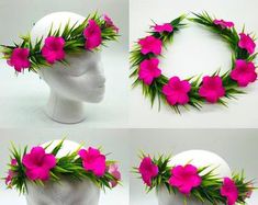 four photos of pink flowers on a white mannequin head