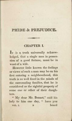 an old book with some writing on the front and back pages in black ink that reads pride & prejudice