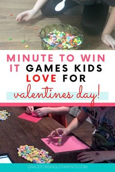 two children playing with valentine's day games and the words, minute to win it games kids love for valentine's day