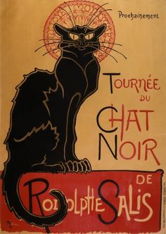 a black cat sitting on top of a red sign that says tournee du chat noir de roupte salis