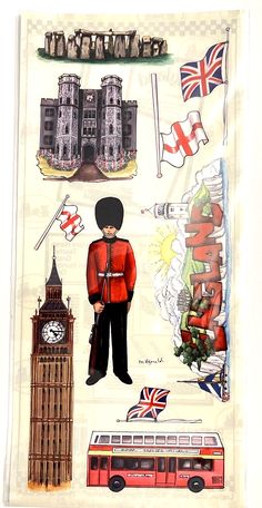 an image of the british flag and symbols on a piece of paper with a drawing of a man standing in front of big ben