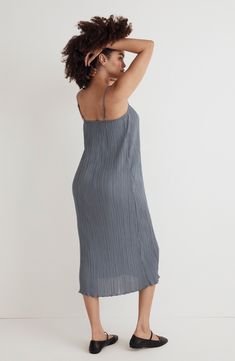 An elevated classic, this midi column dress comes in Madewell's superspecial stretch plissé with hand-finished pleats for a unique, organic look. With adjustable spaghetti straps and a square neckline, it's that versatile piece you can dress up or down. 43" center front length (size 8) Square neck Adjustable straps Unlined 100% polyester Hand wash, line dry Imported