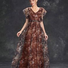 Brown Maxi Dress Enchanted Garden Prom Dress, Enchanted Garden Prom, Garden Prom Dress, Prom Dress Brown, Brown Maxi Dresses, Evening Gala, Mesh Embroidery, Stunning Bridesmaid Dresses, Ruffle Sleeve Dress