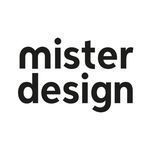 the mister design logo is shown in black and white