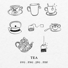 various tea cups and saucers drawn in black ink on white paper with the words tea written below them