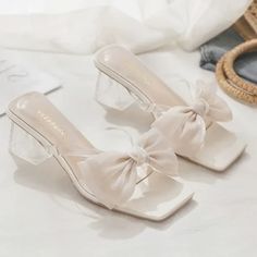 Pink Bow Sandals: Square Open Toe Chunky Heel Slides Sandal Slippers, Fancy Sandals, Gladiator High Heels, Fancy Heels, Bow Fashion, Rhinestone High Heels, Round Toe Sneakers, Kawaii Shoes, Elegant High Heels