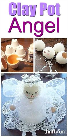 an image of clay pot angel with eggs in the background and pictures of clay pots