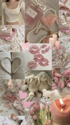 a collage of pink and white images with teddy bears, roses, hearts, pearls, candles