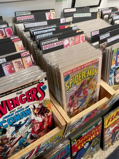 many comics are on display in a store