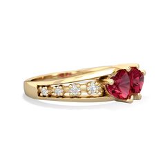 Two heart shaped gems, lab ruby and , are surrounded by .04 carats of diamonds in gleeming 14K Yellow Gold, for a contemporary look that is exquisite and sentimental. This stunning ring glistens with sparkling stones and a message of love. Choose any two gemstones, to represent you and your loved ones birthstones. Luxury Gold Heart Birthstone Ring, Luxury Gold Rings With Lab-created Ruby, Luxury Yellow Gold Ring With Lab-created Ruby, Garnet Heart, Ruby Heart, Heart To Heart, Tourmaline Jewelry, Garnet Jewelry, Ruby Jewelry